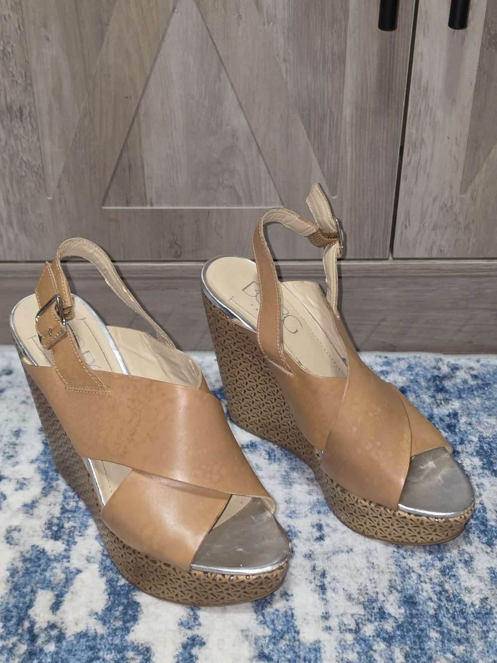 BCBG Tan Crisscross Wedge Sandals with Metallic Toe Accent